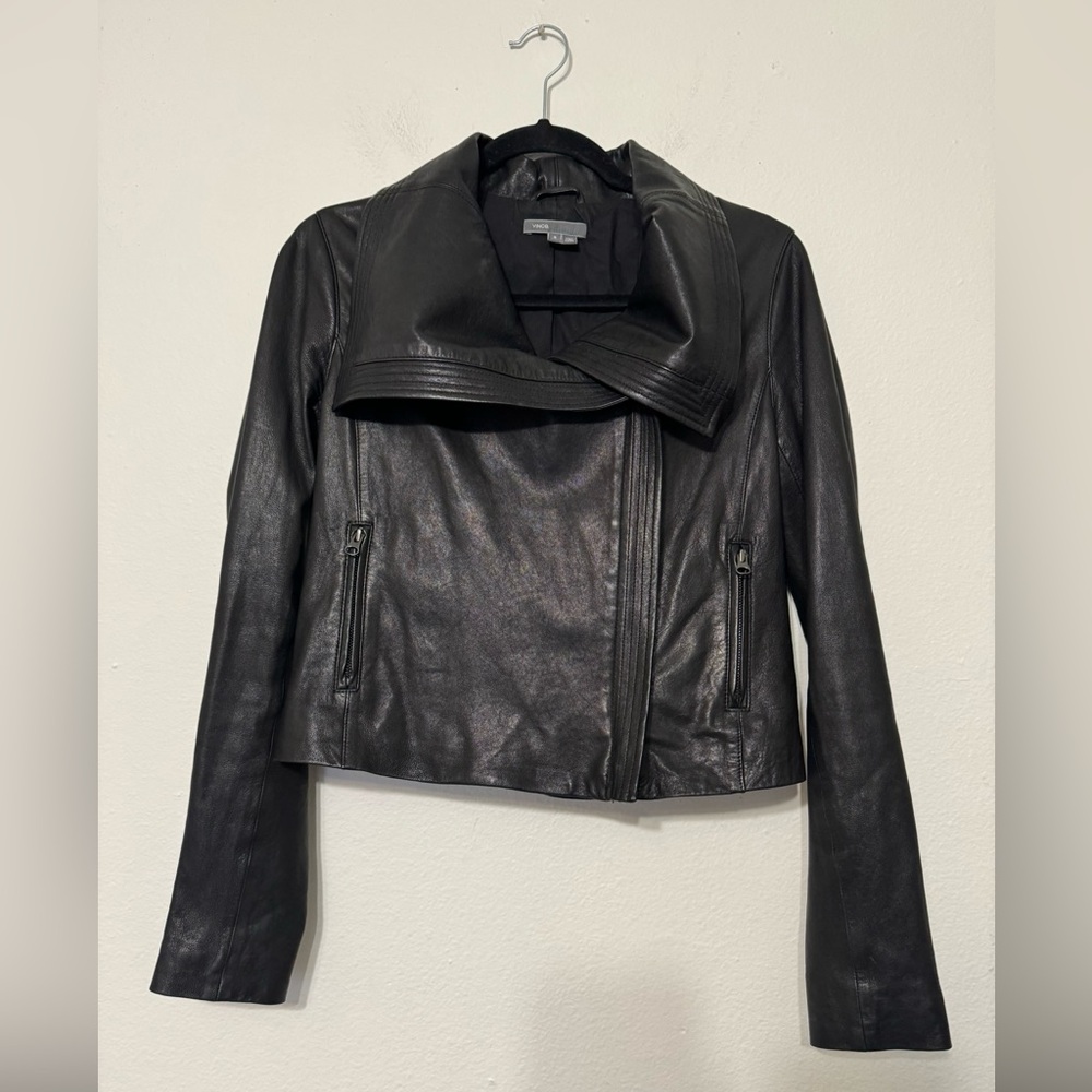 Vince  Black Leather Zip Up Waterfall Collar Moto Jacket Small